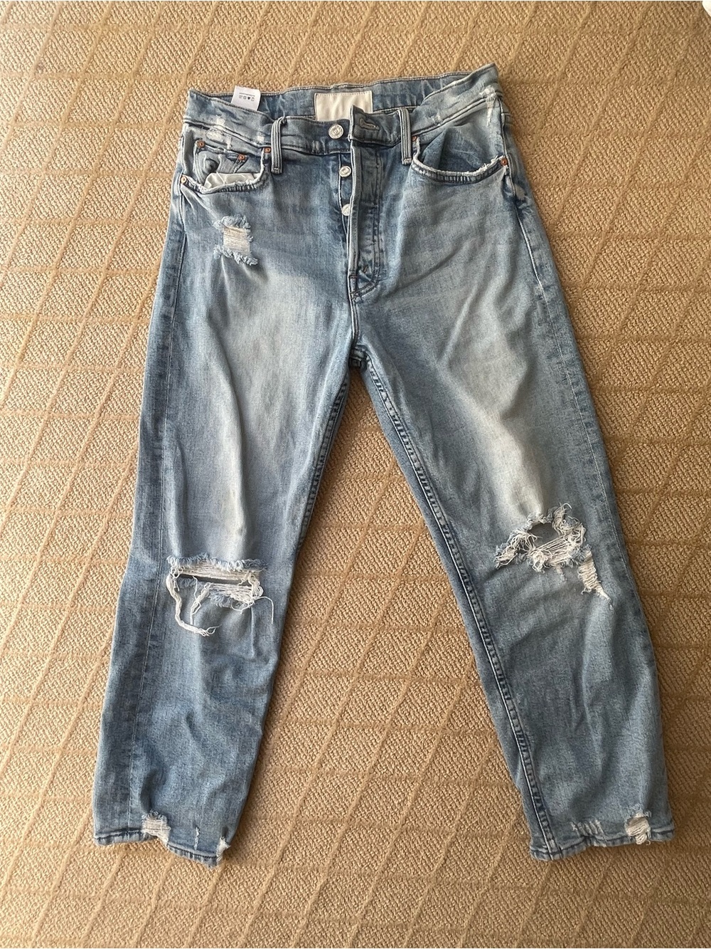 MOTHER The Tomcat Light Blue Distressed Boyfriend Jeans in The Confession